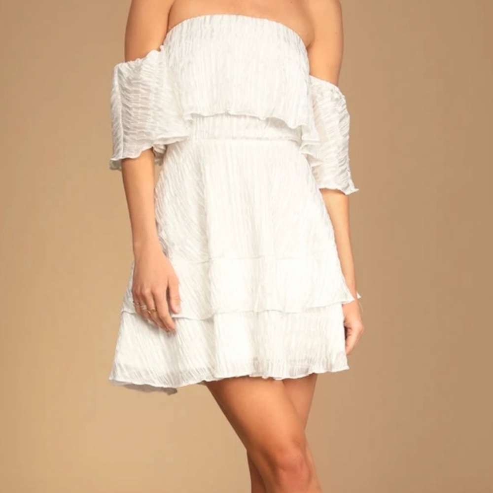 Lulus Dreamy for the Day off shoulder white silver metallic stripe flutter XL